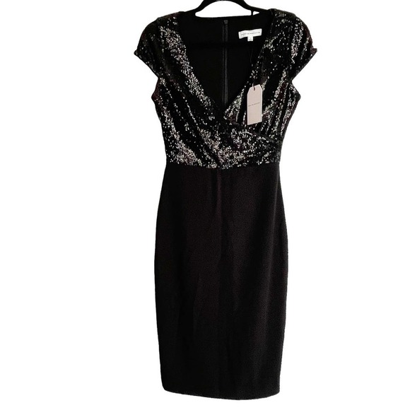 Dress The Population Black Sequin Jaleah Surplice Cap Sleeve Sheath Dress Size S - Picture 4 of 10